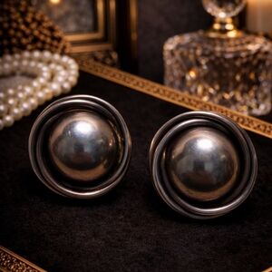 VINTAGE MEXICO 925 STERLING SILVER DOME CLIP-ON EARRINGS – BOLD STATEMENT RETRO